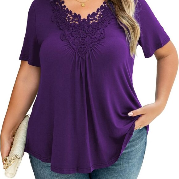 Women's Plus Size Casual Blouse Purple Short Sleeve Lace Crochet Tunic Top - Picture 1 of 6